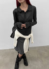 Idney Deep Collar Long Sleeve Tee (50% Wool)