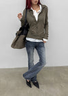 Idney Deep Collar Long Sleeve Tee (50% Wool)