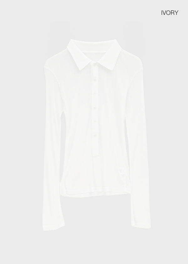 Idney Deep Collar Long Sleeve Tee (50% Wool)