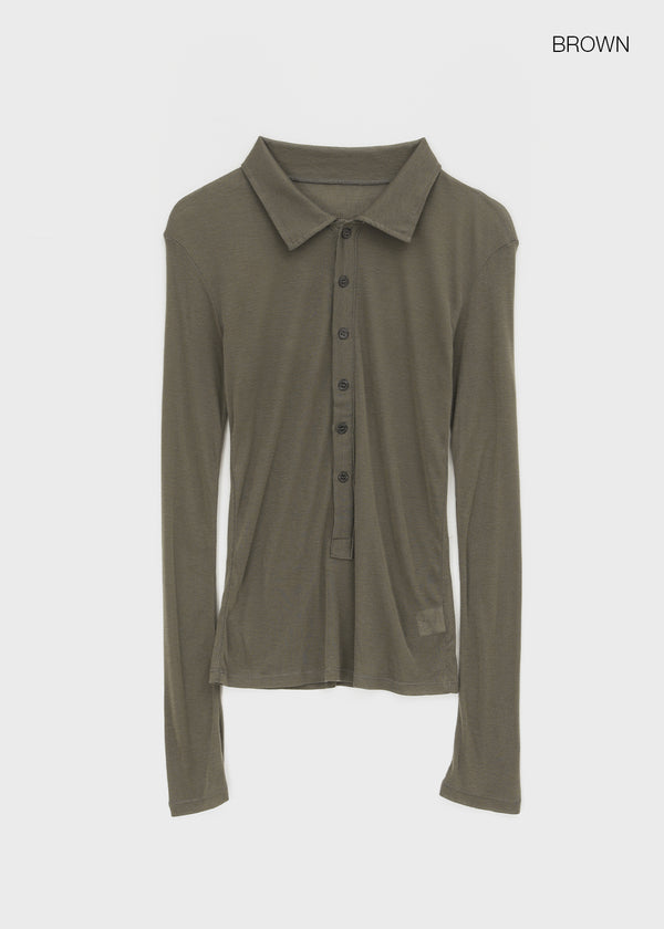 Idney Deep Collar Long Sleeve Tee (50% Wool)