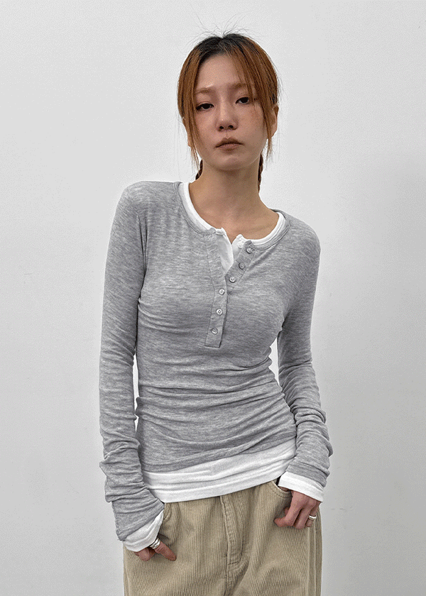 Tigging Layered Henley Neck Tencel Long Sleeve T-shirt (30% Wool)