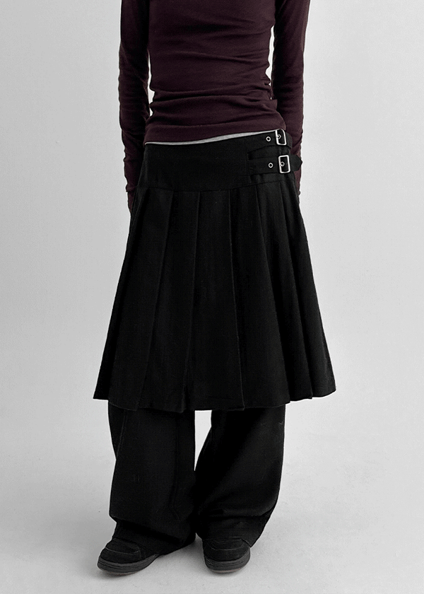 Pocoon Buckle Back Band Pleated Skirt Pants (30% Wool)