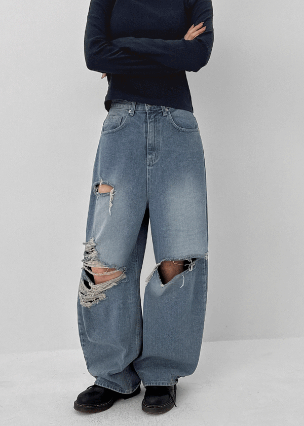 Khanel Damage Wide Balloon Denim Pants