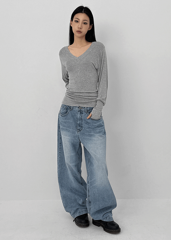 Shello V-neck Warmer Button Long-sleeved T-shirt