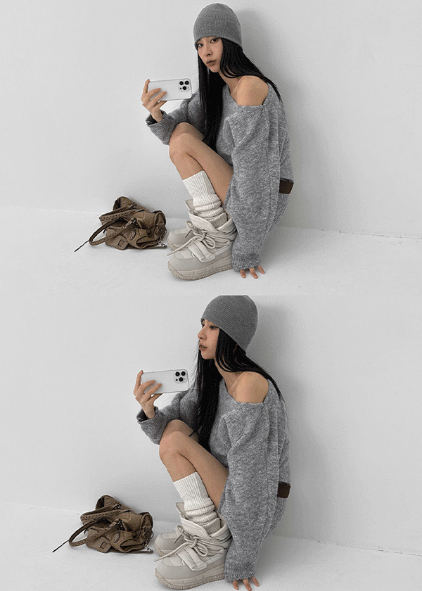 Lenge One-shoulder Loose-fit Knit Mini Dress (Belt Set)