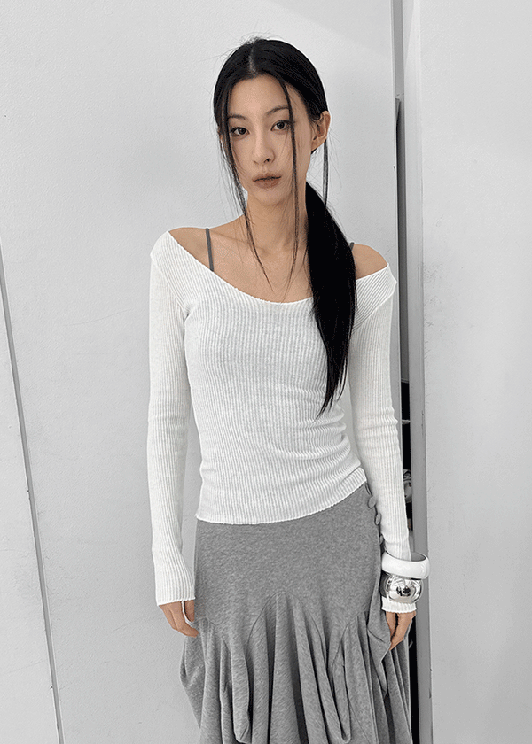 Jemper V-neck Cutout Ribbed Knit Long-sleeve Tee (33% Wool)
