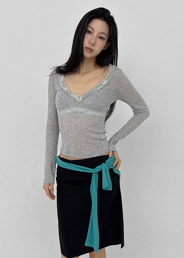 V-All Lace Deep V-Neck Long Sleeve Tee