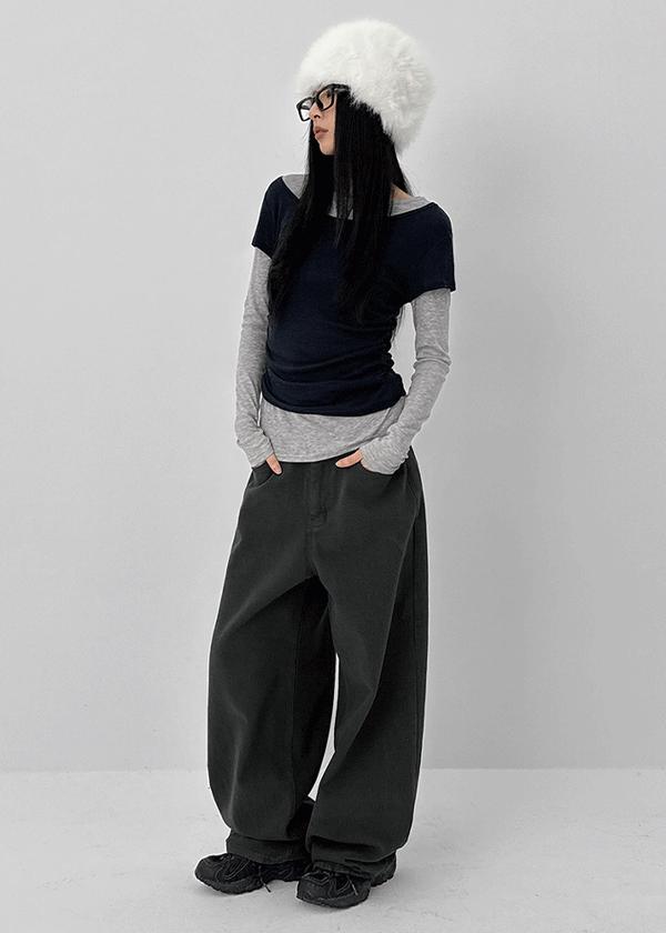 Pommel Color Block Layered Shirring Long-sleeved T-shirt