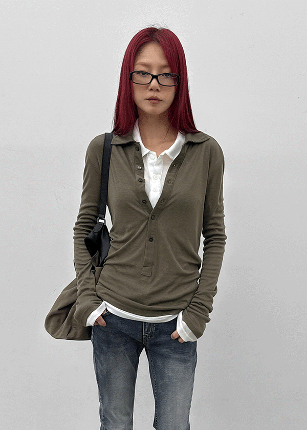 Idney Deep Collar Long Sleeve Tee (50% Wool)