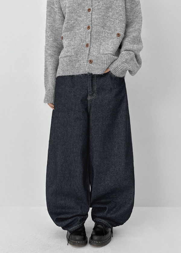 Long Bell Back Pocket Stitch Raw Fabric Wide Denim Pants