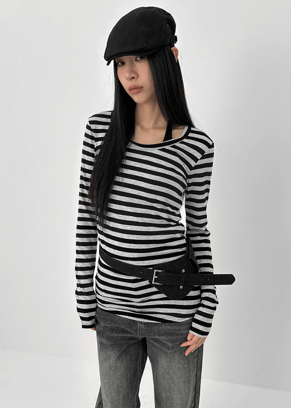 Palky Stripe U-Neck Long Sleeve Tee