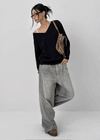 Wide Denim Pants With A Slit Pocket And A Cotton Wash