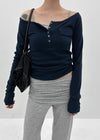 Wonshoi Pocket Button Off-shoulder Long Sleeve T-shirt