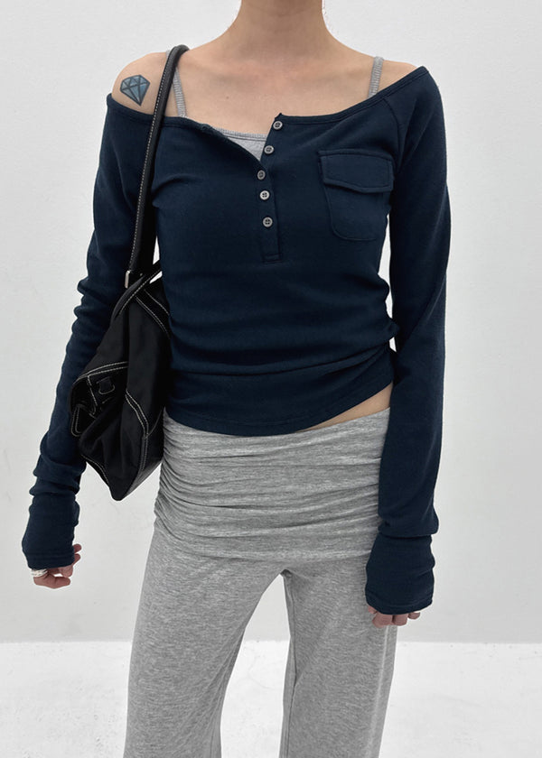 Wonshoi Pocket Button Off-shoulder Long Sleeve T-shirt