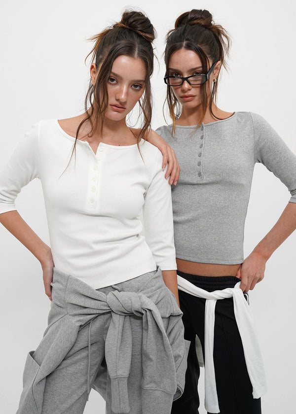 [B-BASIC] Tension Standard Henley Neck 3/4 Sleeve T-shirt (2size)