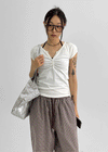 Contemporary V-neck Shirring Short-sleeved T-shirt