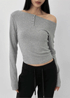 Two-collar Henley Neck Off-shoulder Long-sleeved T-shirt