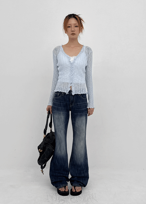 Felser Washed Riveted Low-waist Bootcut Denim Pants