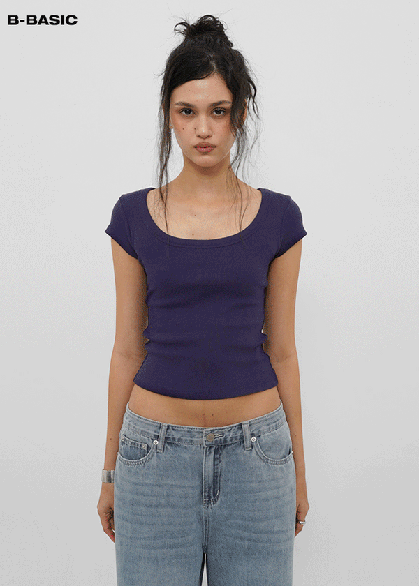 [B-BASIC] Basic Ribbed Wide U-Neck Cap Sleeve Short Sleeve Top (2 Size)