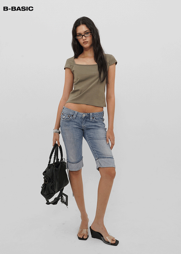 [B-BASIC] Tension Cotton Square-Neck Cap-Sleeve Short-Sleeve T-Shirt (2 SIZE)