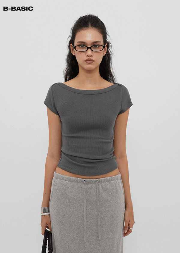 [B-BASIC] Basic Ribbed Boat Neck Short Sleeve Tee (2 SIZE)