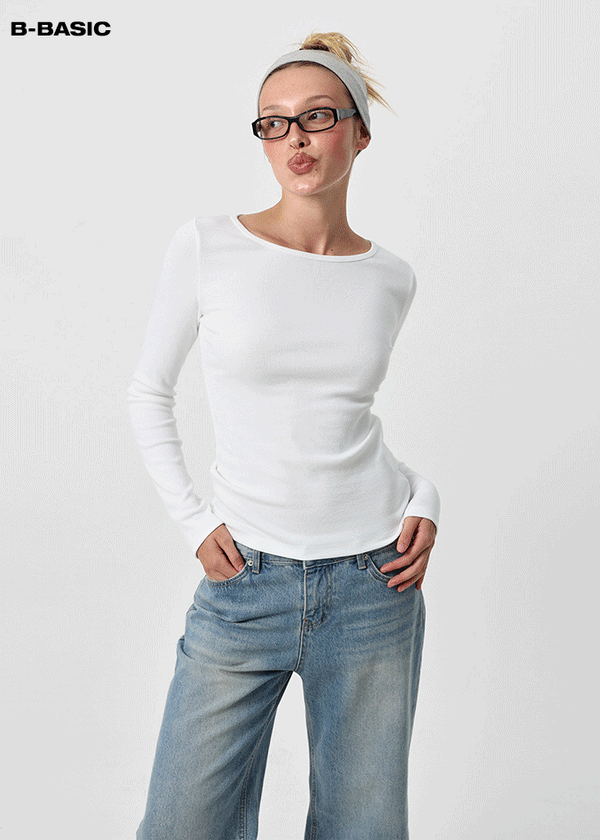 [B-BASIC] Ribbed Round Neck Long Sleeve Tee (2 SIZE)