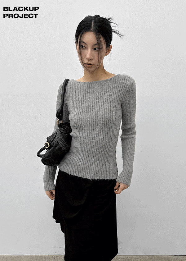 [MADE] Moeli Hairy Ribbed Button Boat Neck Knit