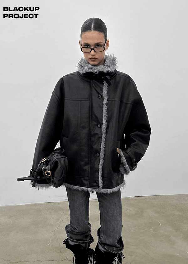 [MADE] Shonikle Leather Fur-Trimmed Half Coat