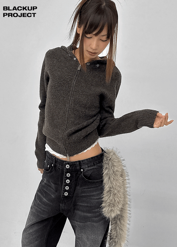 [MADE] Furicle Fur-Trimmed Knit Zip-Up Hoodie