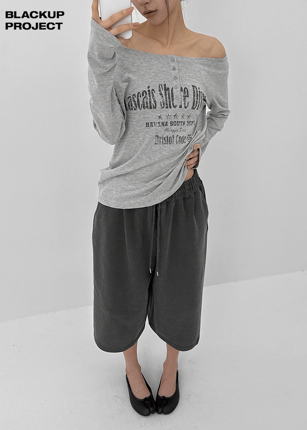 [MADE] Kundell Henley Neck Off-shoulder Long Sleeve T-shirt