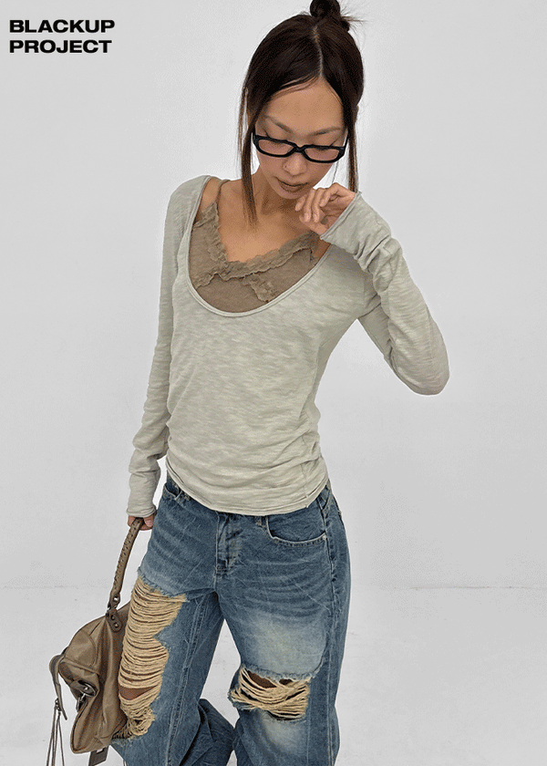 [MADE] Coated Slub Deep U-Neck Long Sleeve Tee