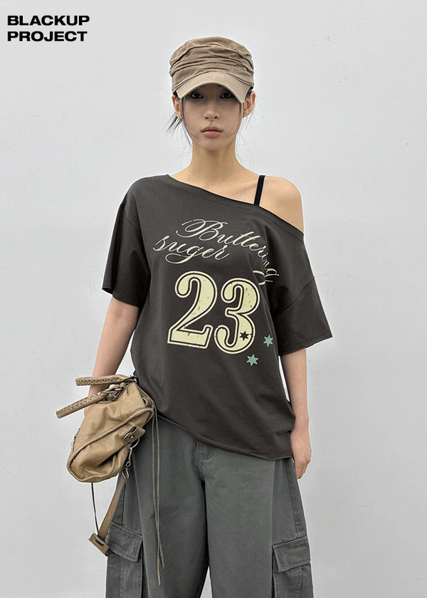 [MADE] Vermel Printed Asymmetric Shoulder Short Sleeve Top