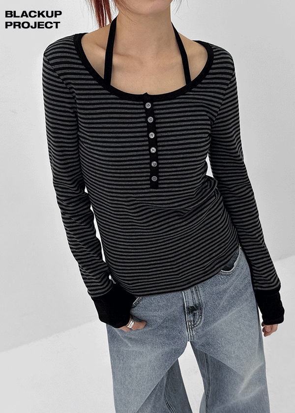 [MADE] Hiko Layered Stripe Halter Henley Neck Long Sleeve T-shirt