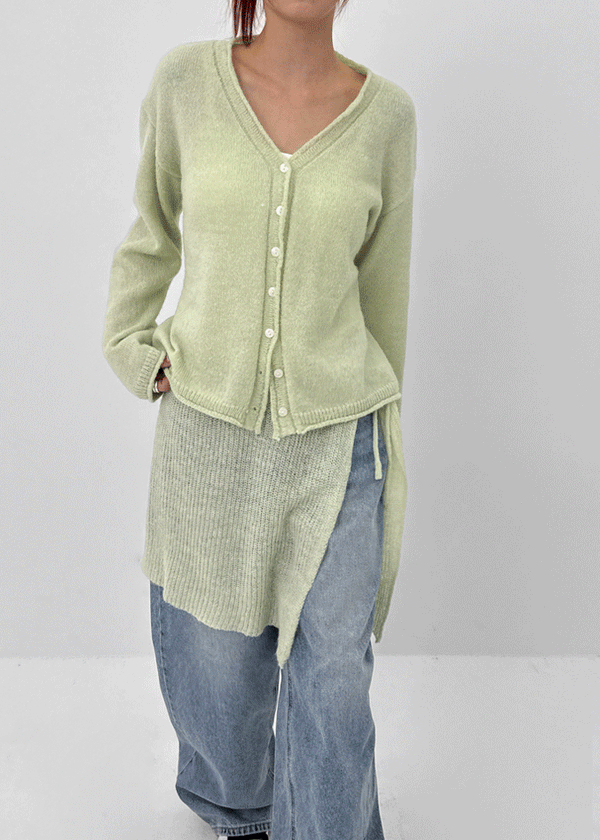 Nittomo Set - V-neck Cardigan, Layered Skirt