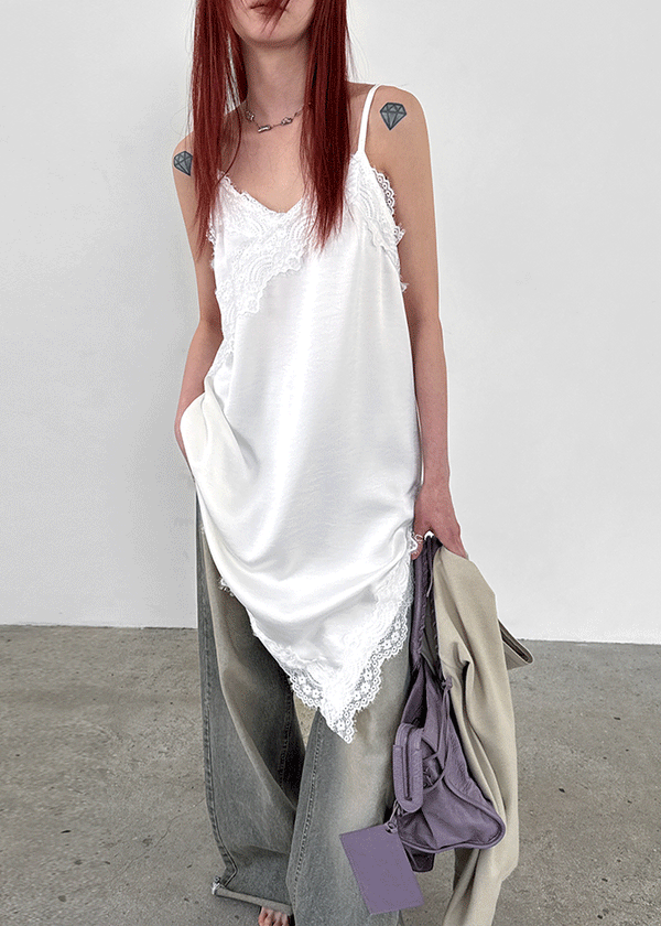 Robtin Satin Slip Lace Layered Midi Dress