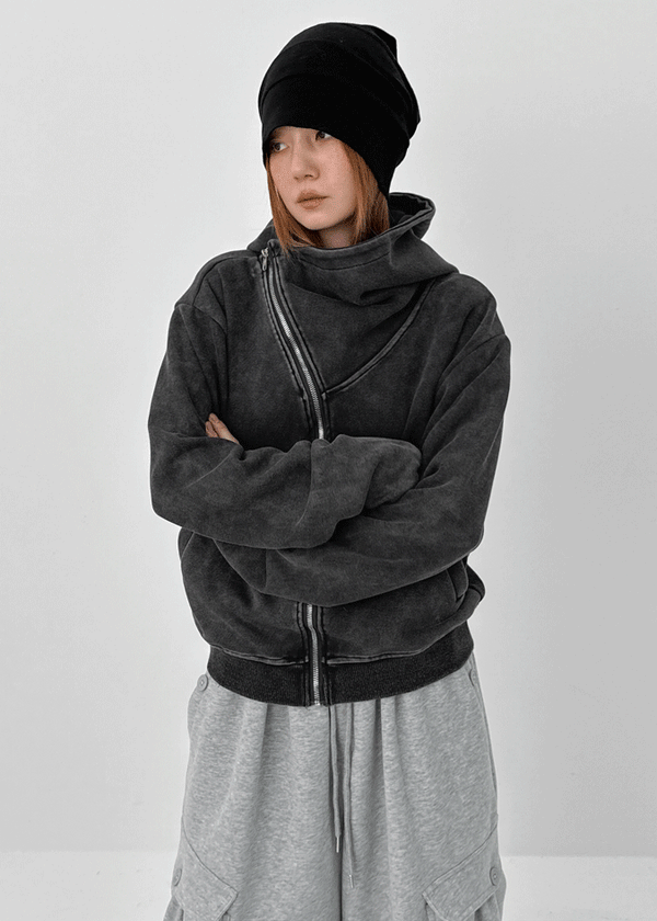 Dinte Diagonal High-neck Washed Hooded Zip-up