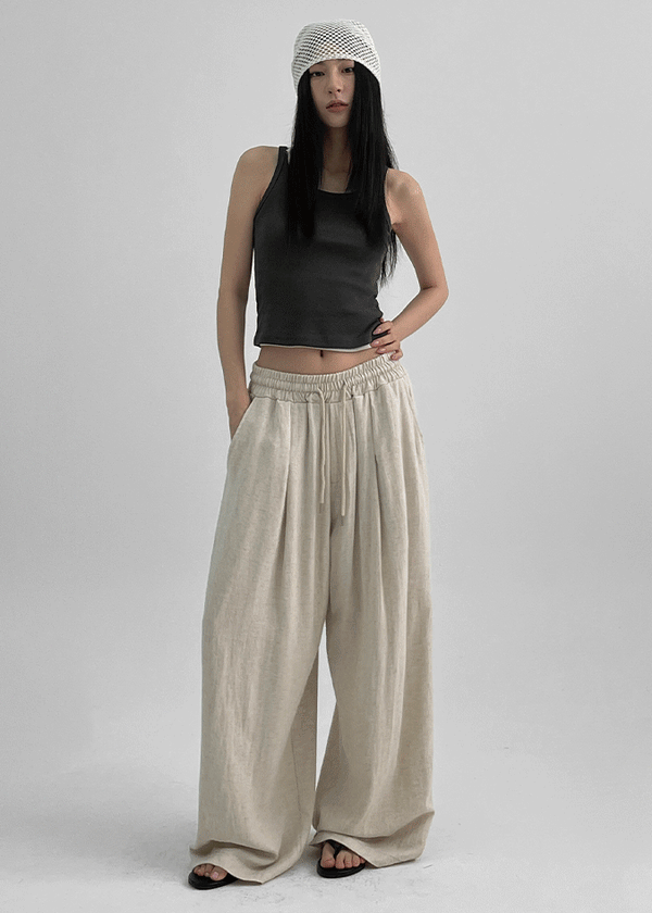 UNISEX) Lowba One-Tuck Banding Wide Pants (Linen 30%) – BLACKUP UNISEX) Lowba One-Tuck Banding Wide Pants (Linen 30%) – BLACKUP