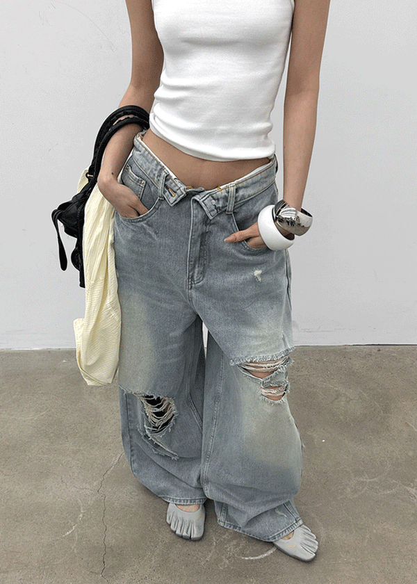 (UNISEX) Solpeng Folding Damaged Wide Denim Pants