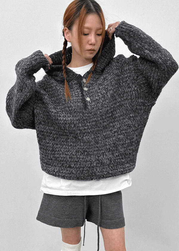 (UNISEX) Gelton Henley Neck Alpaca Knit Hoodie