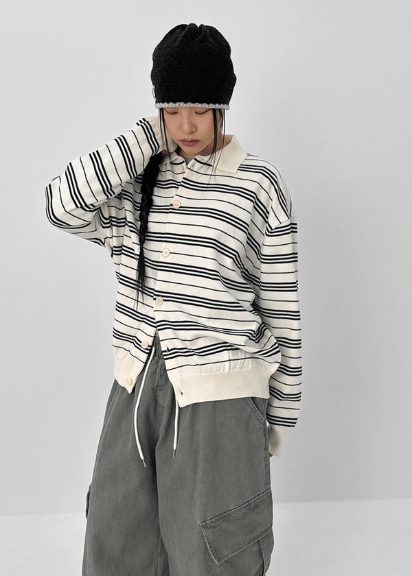 (UNISEX) Or Stripe Collar Knit Cardigan