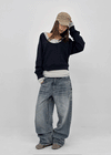 (UNISEX) Pichel Double Back Pocket Wide Denim Pants