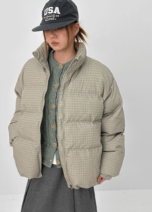 (UNISEX) Servy High-Neck Wellon Checked Padded Jacket