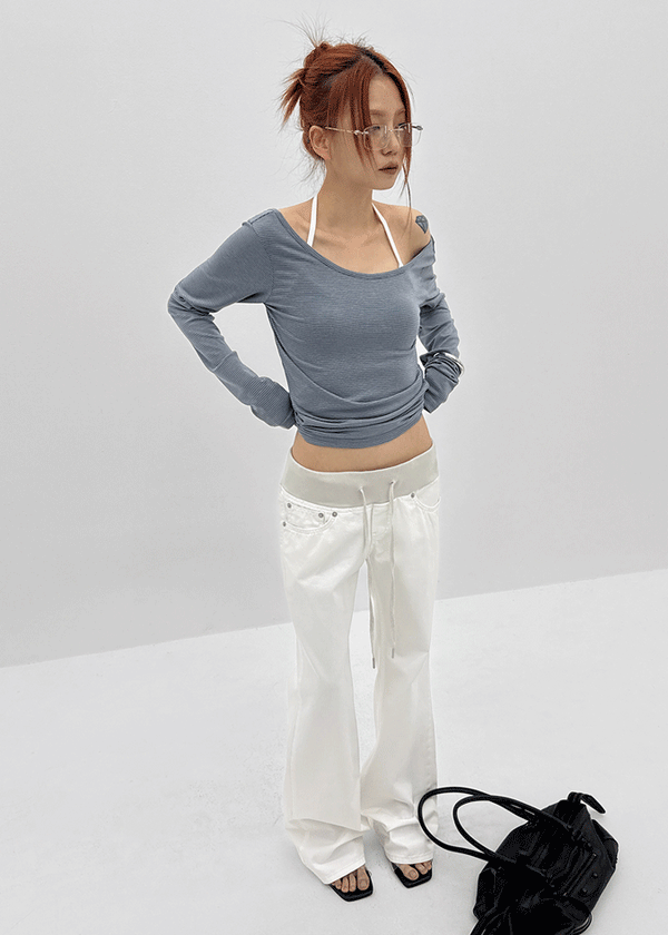 Dapeng Stripe Deep U-Neck Long Sleeve Tee