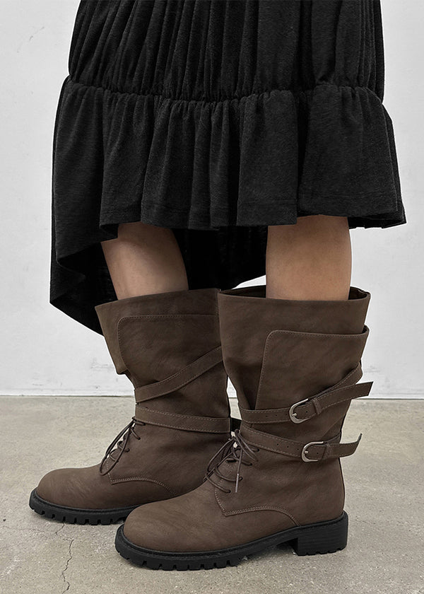 Hermit Buckle Lace-up Mid-calf Boots