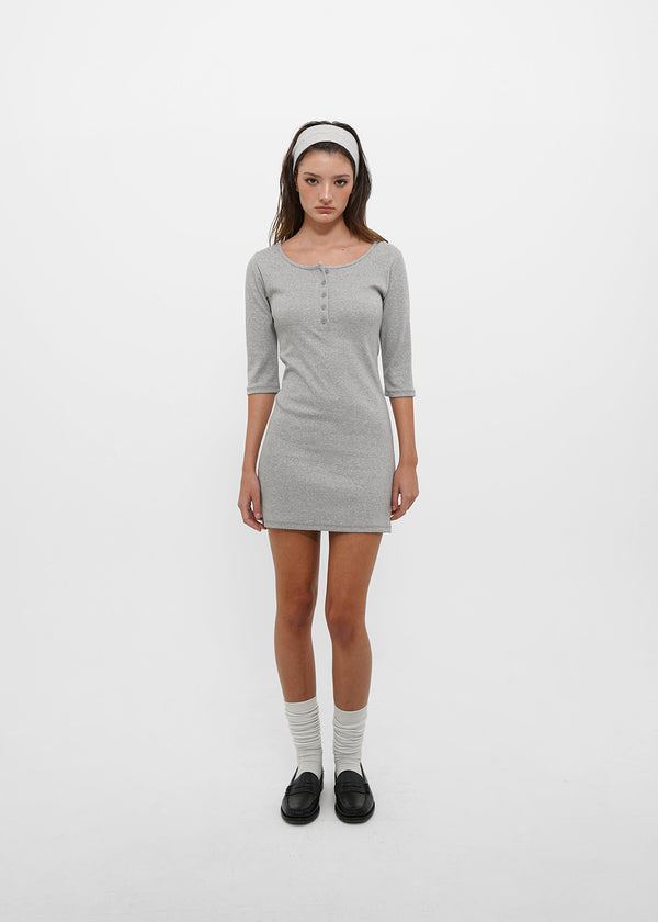 [B-BASIC] Tension Standard Henley Neck 3/4 Sleeve Mini Dress (2 SIZE)