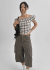 Lancome Off-shoulder Check Crop Short-sleeve Blouse