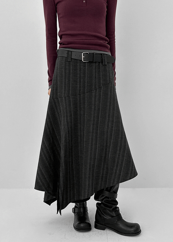 Stit Stripe Unbalanced Long Skirt (Belt Set)