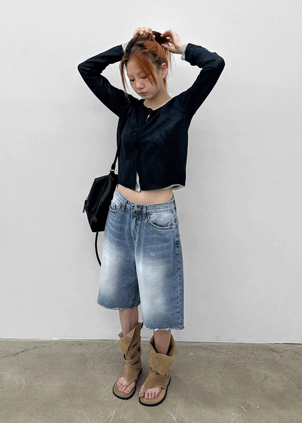 Rockyout Washed Back Pocket Bermuda Denim Pants