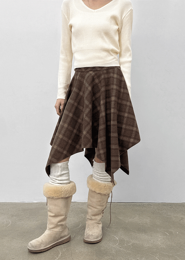 Redding Checkered Unbalanced Wool Midi skirt