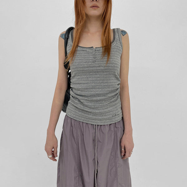 Telton Layered Striped Henley Neck Shirred Sleeveless Top